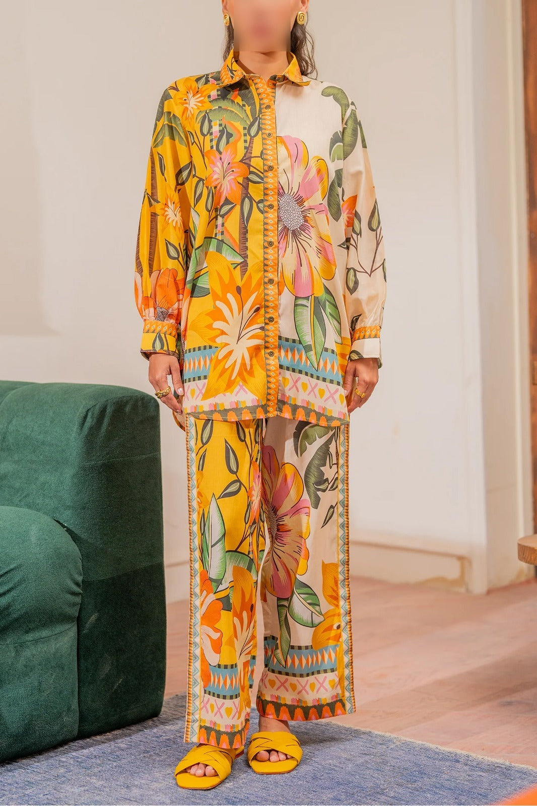 Stitched 2 piece summer collection – printed shirt and trouser in premium grip fabric, medium size with standard measurements