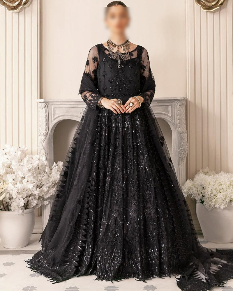 Black Beauty Maxi luxury embroidered net maxi with adda work, tassels, 100 inches round ghair, satin silk trouser and embroidered dupatta – buyfromdanish.com