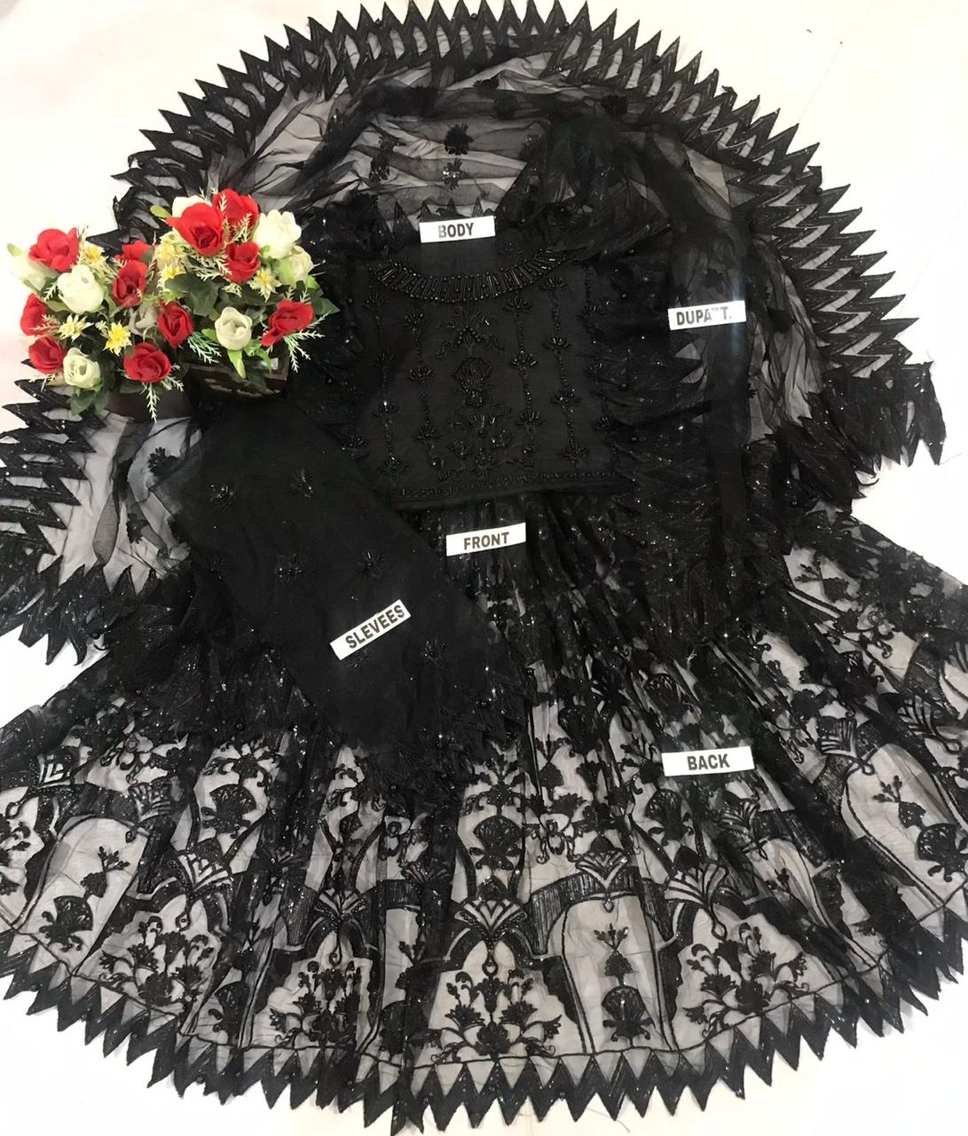 Black Beauty Maxi luxury embroidered net maxi with adda work, tassels, 100 inches round ghair, satin silk trouser and embroidered dupatta – buyfromdanish.com