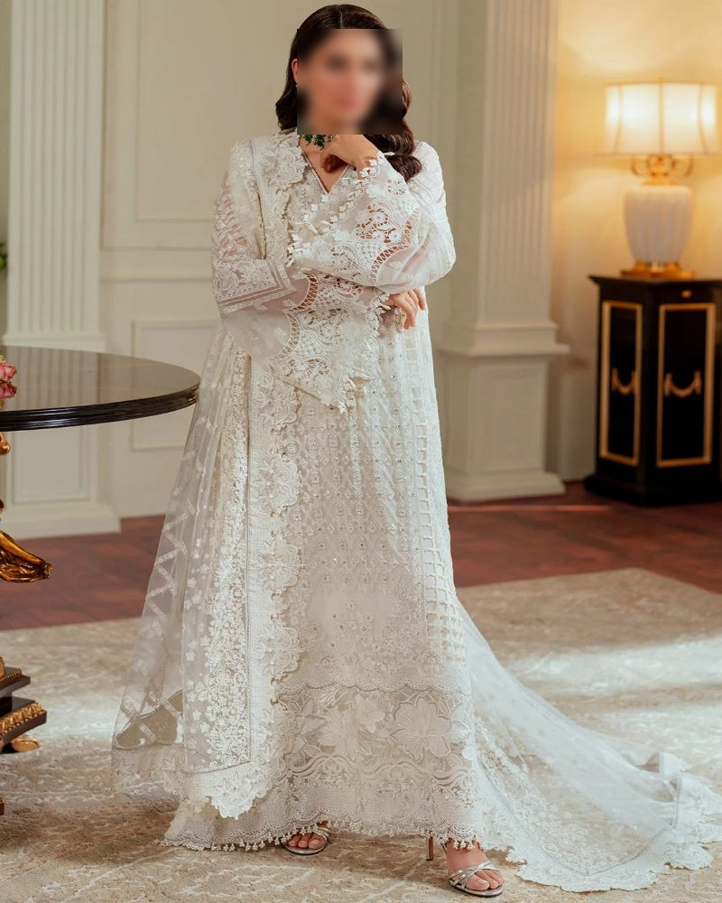 Luxury party wear dress 2024 – organza shirt with embroidery, khadi net dupatta, silk trouser, elegant unstitched 3 piece suit