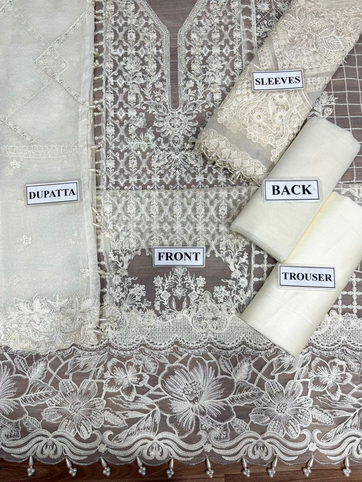 Luxury party wear dress 2024 – organza shirt with embroidery, khadi net dupatta, silk trouser, elegant unstitched 3 piece suit