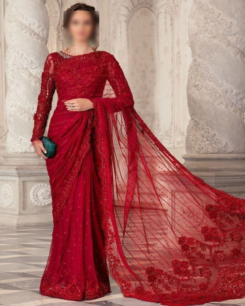 Exclusive luxury saree 2024 – embroidered net saree with adda work, cut work borders, tassel sleeves, silk petticoat and heavy jhall pallu