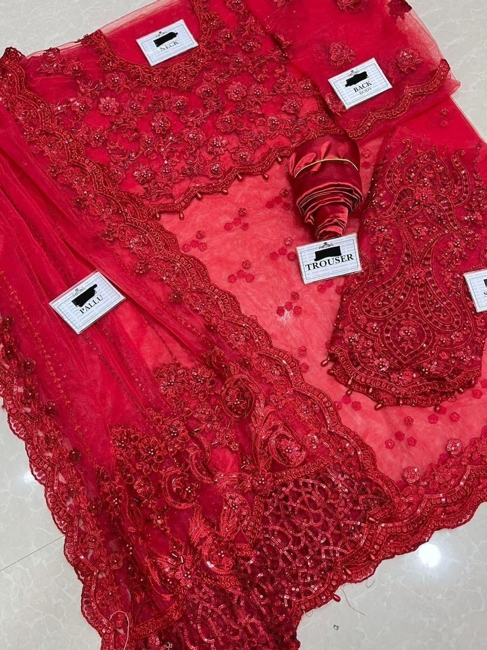 Exclusive luxury saree 2024 – embroidered net saree with adda work, cut work borders, tassel sleeves, silk petticoat and heavy jhall pallu