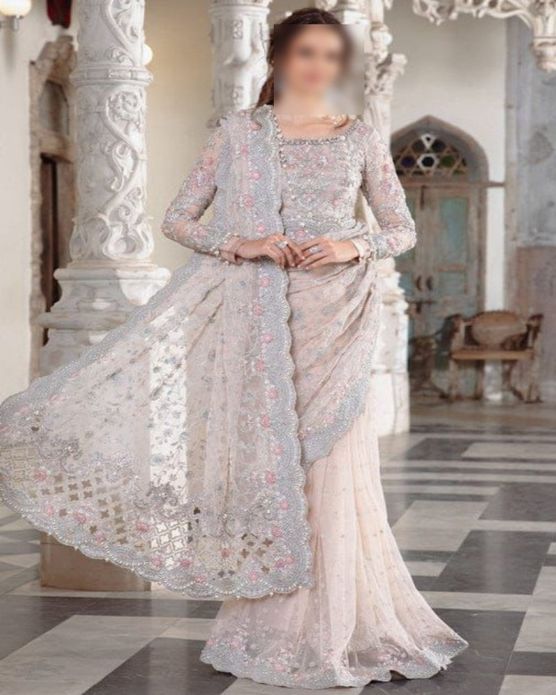 Exclusive luxury saree 2024 – embroidered net saree with adda work, cut work borders, tassel sleeves, silk petticoat and heavy jhall pallu