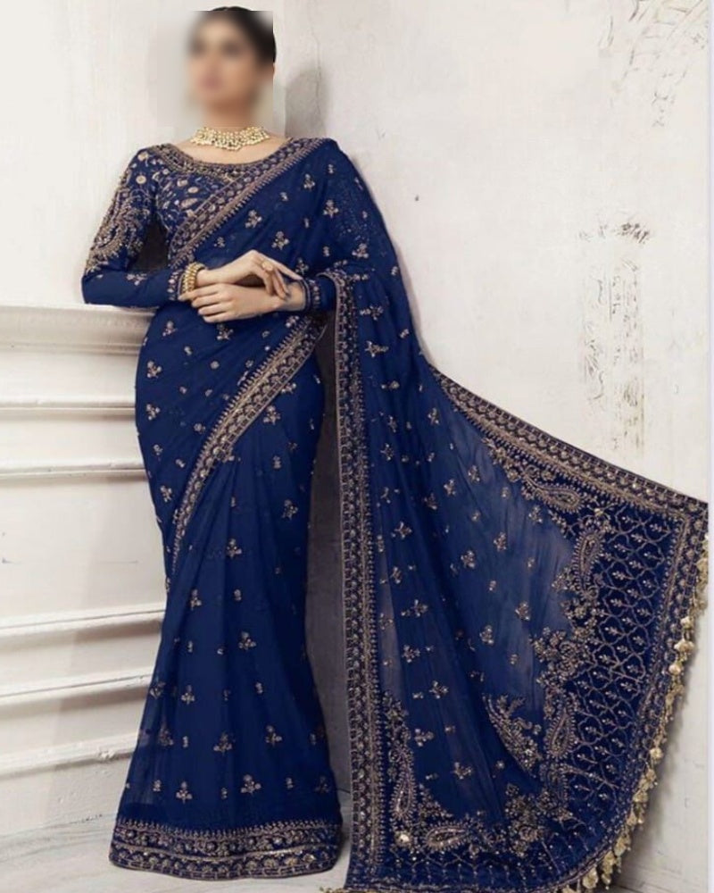 Luxury wedding saree – net saree with heavy embroidery, sequence work, stone hand embellishment, embroidered silk pallu with tassels – buyfromdanish.com
