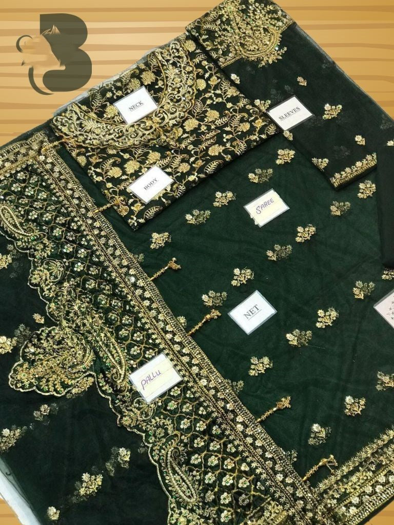 Luxury wedding saree – net saree with heavy embroidery, sequence work, stone hand embellishment, embroidered silk pallu with tassels – buyfromdanish.com
