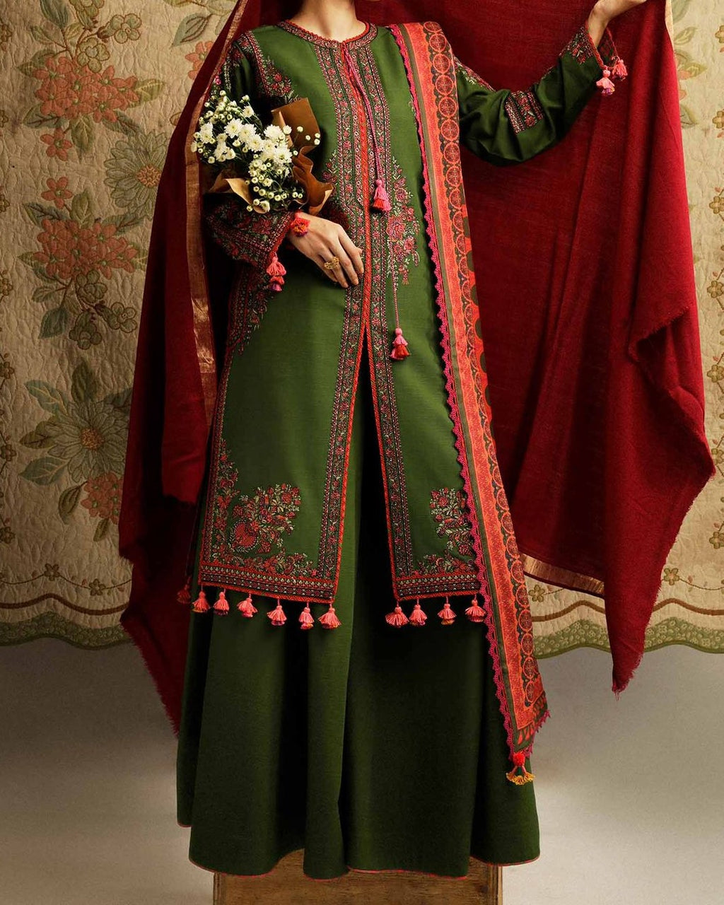 Premium 3PC Dhanak embroidered winter suit with embroidered front, sleeves, daman bunch work and digital printed pashmina wool shawl – Winter Collection 2025/26 – buyfromdanish.com
