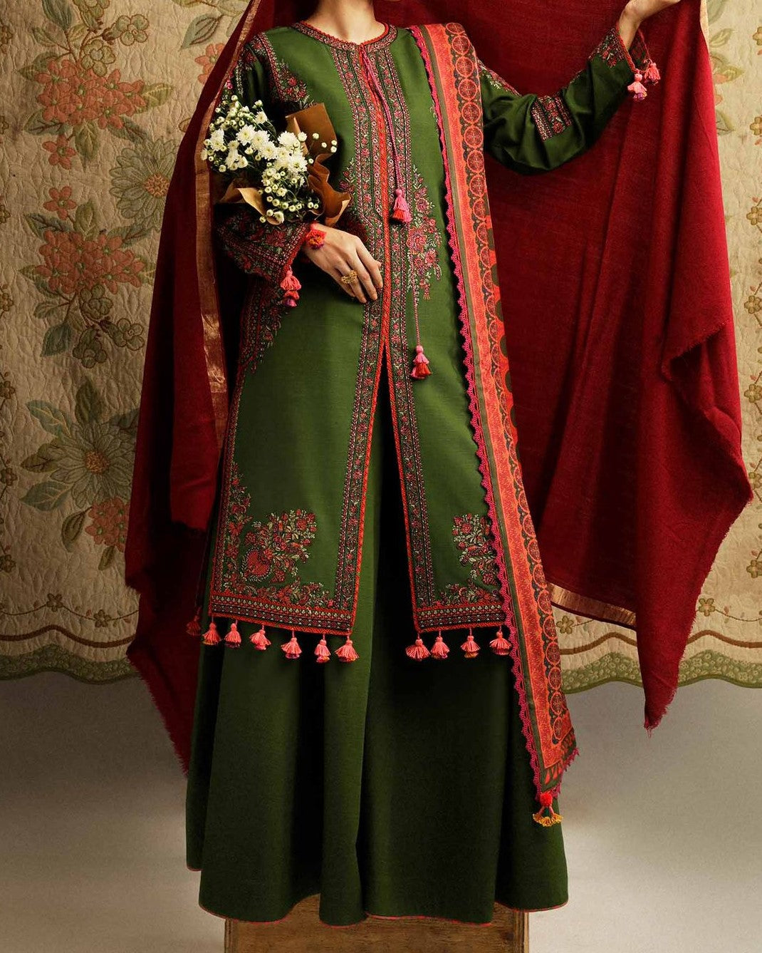 Premium 3PC Dhanak embroidered winter suit with embroidered front, sleeves, daman bunch work and digital printed pashmina wool shawl – Winter Collection 2025/26 – buyfromdanish.com