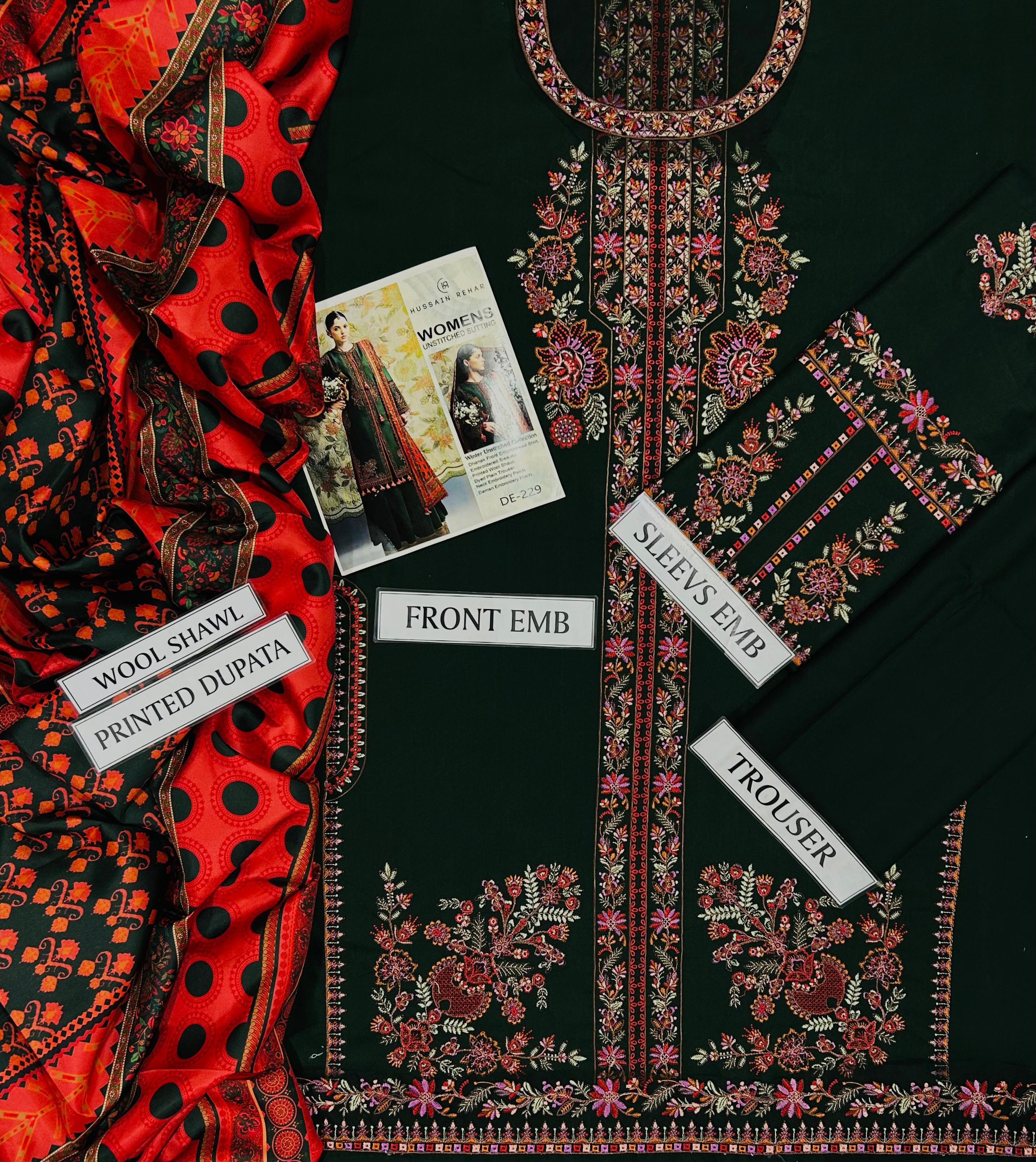 Premium 3PC Dhanak embroidered winter suit with embroidered front, sleeves, daman bunch work and digital printed pashmina wool shawl – Winter Collection 2025/26 – buyfromdanish.com