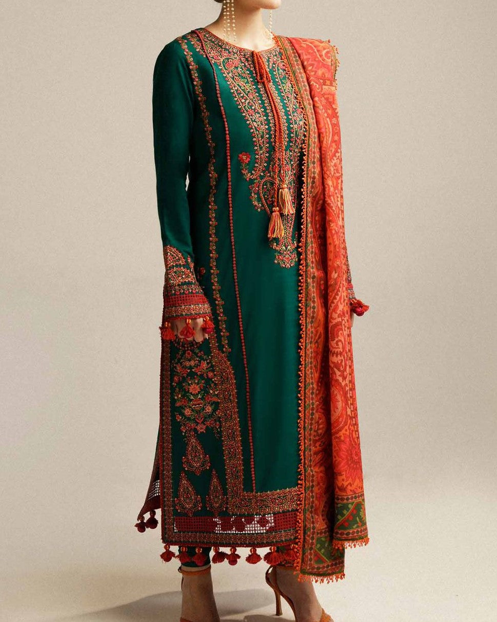 Premium 3PC Dhanak embroidered winter suit with embroidered front, sleeves, daman bunch work and digital printed pashmina wool shawl – Winter Collection 2025/26 – buyfromdanish.com