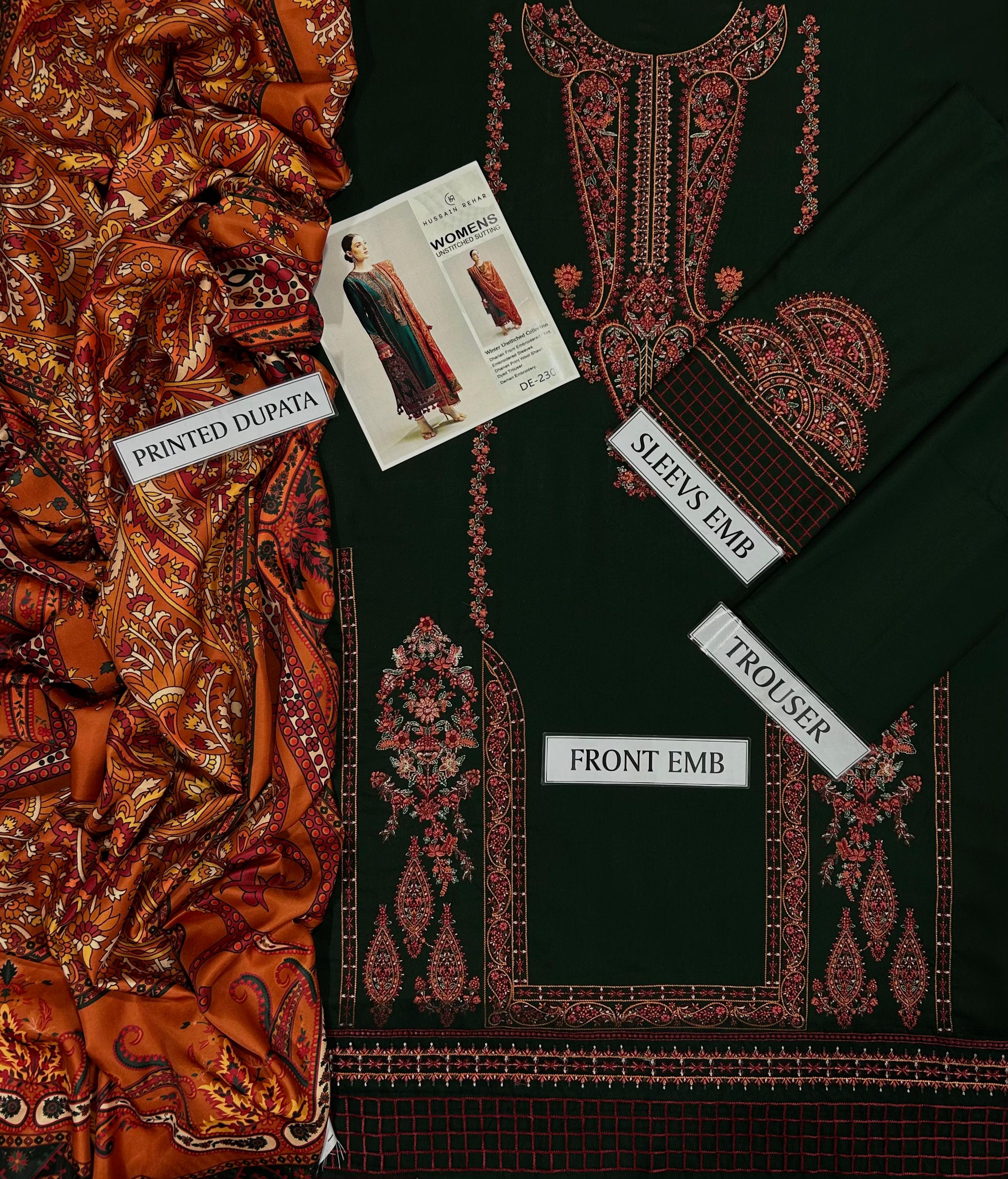 Premium 3PC Dhanak embroidered winter suit with embroidered front, sleeves, daman bunch work and digital printed pashmina wool shawl – Winter Collection 2025/26 – buyfromdanish.com