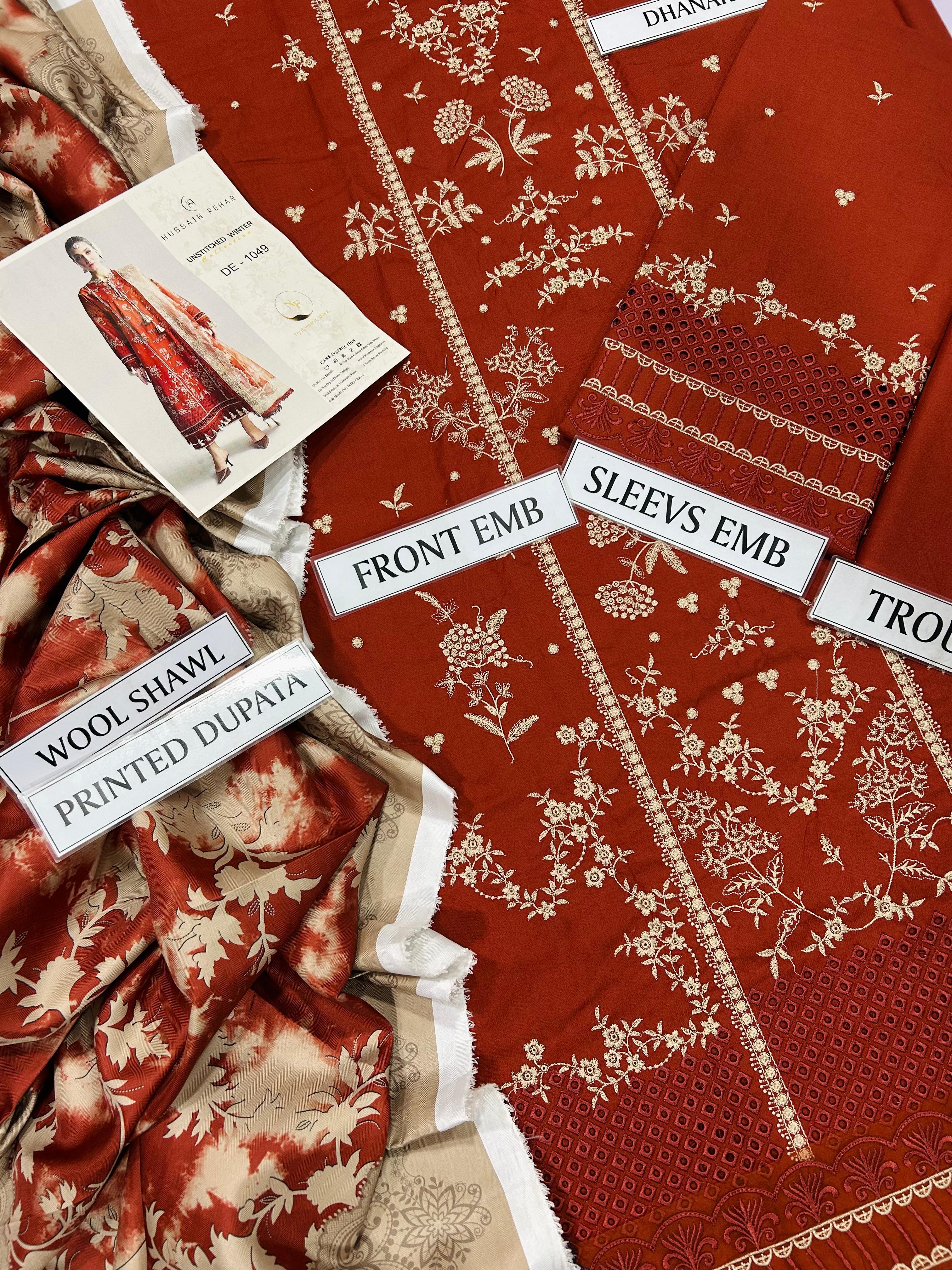 Premium 3PC Dhanak embroidered winter suit with digital printed pashmina wool shawl – Winter Collection 2025/26