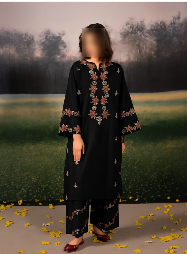 2PC Premium Dhanak embroidered suit with heavy shirt embroidery, embroidered sleeves and trouser – Code AS-02
