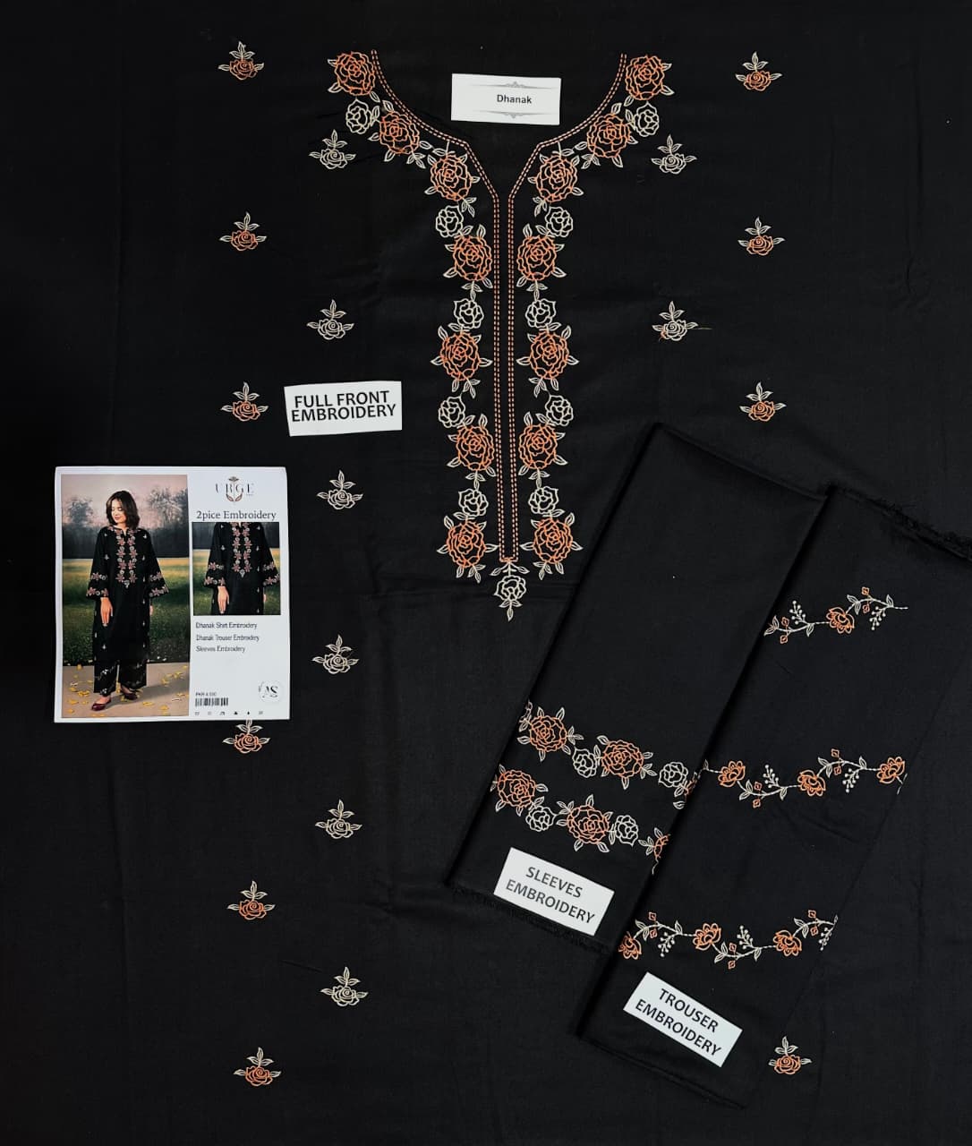 2PC Premium Dhanak embroidered suit with heavy shirt embroidery, embroidered sleeves and trouser – Code AS-02