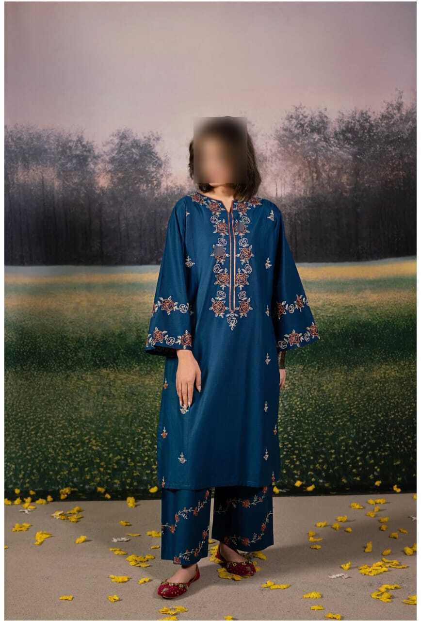 2PC Premium Dhanak embroidered suit with heavy shirt embroidery, embroidered sleeves and trouser – Code AS-02