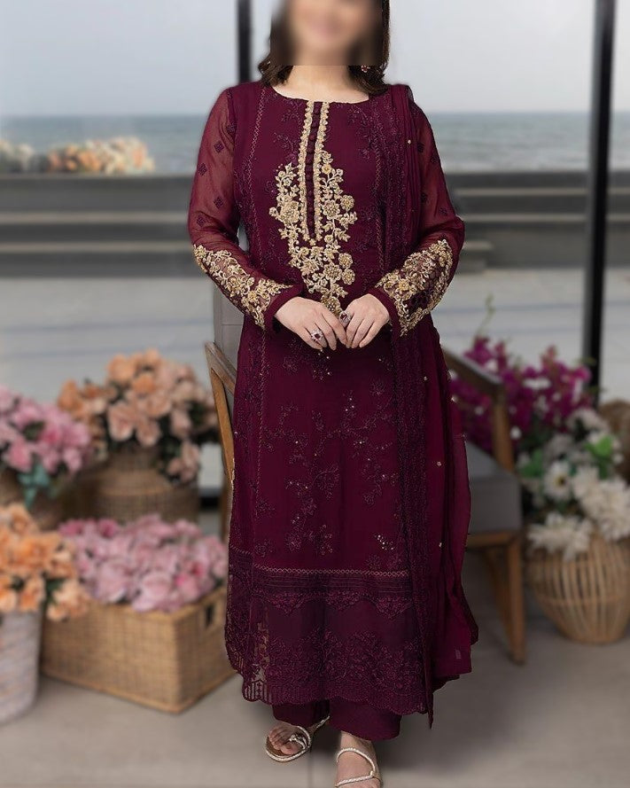 Premium chiffon embroidered 3PC suit with adda work, sequins, embroidered dupatta and plain Malai trouser