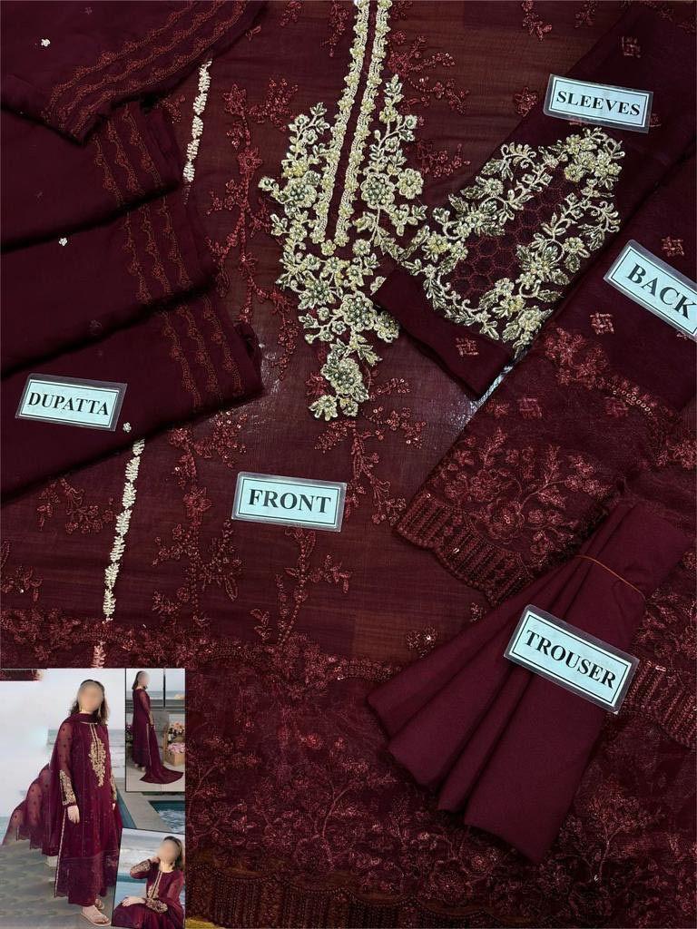 Premium chiffon embroidered 3PC suit with adda work, sequins, embroidered dupatta and plain Malai trouser