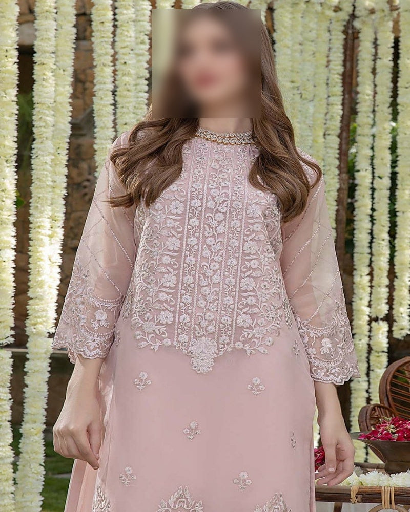 Organza embroidered 2PC suit with satin silk trouser, featuring sequins work on neckline, front, and sleeves