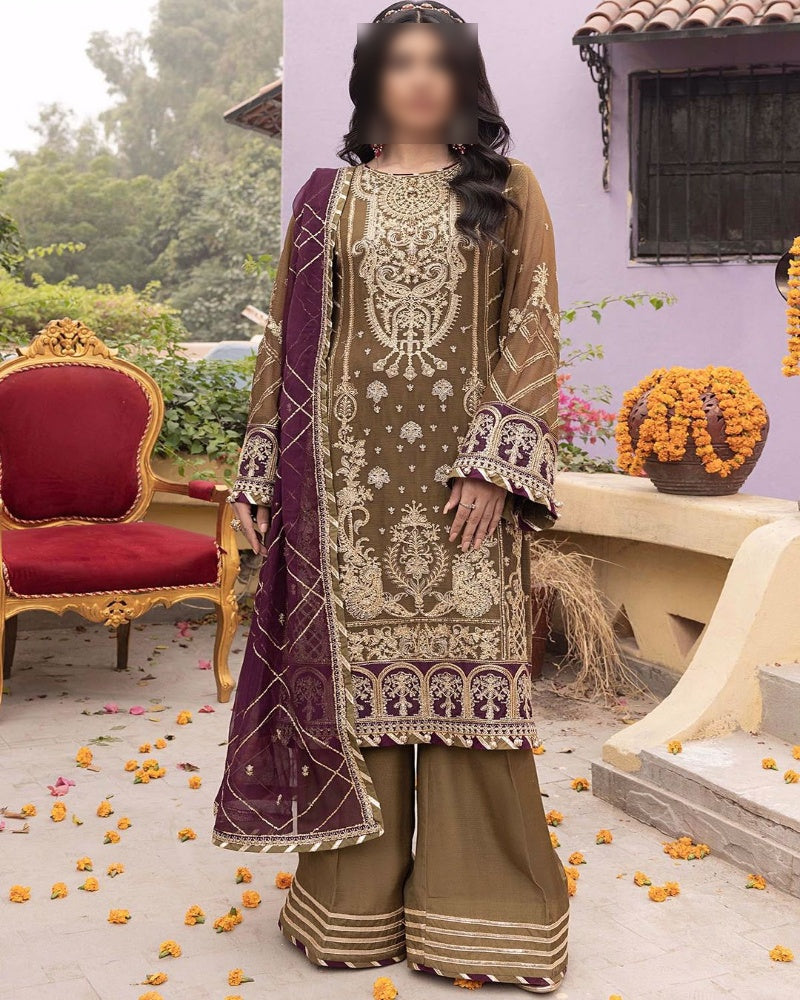Rang-e-Mehfil 012 – Unstitched 3 piece chiffon suit with heavy embroidery, tassels, chiffon dupatta, and shamoz silk trouser – buyfromdanish.com