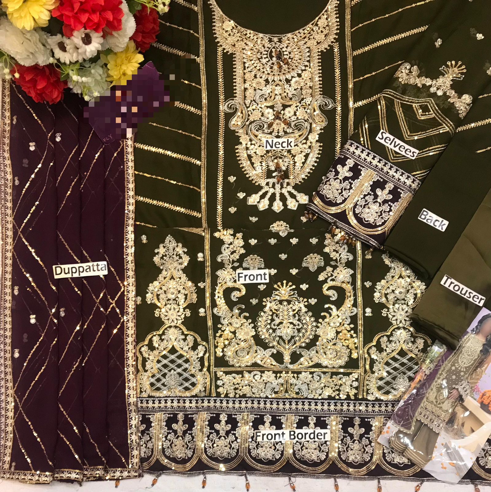 Rang-e-Mehfil 012 – Unstitched 3 piece chiffon suit with heavy embroidery, tassels, chiffon dupatta, and shamoz silk trouser – buyfromdanish.com