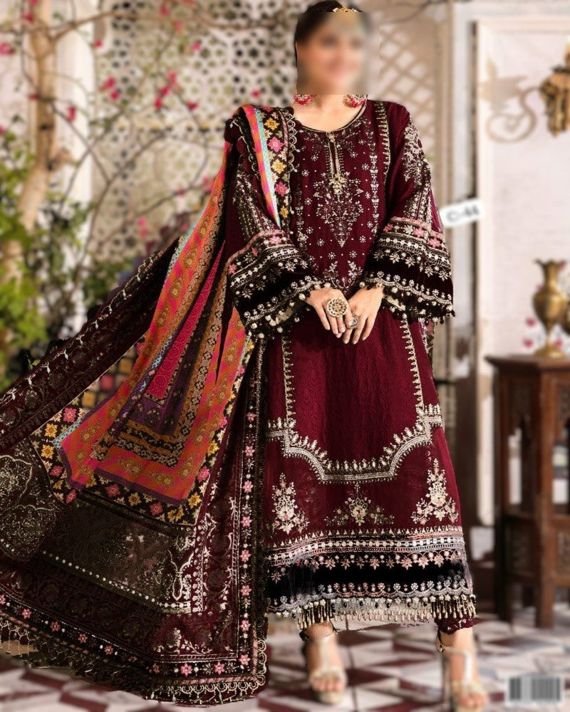 Chiffon embroidered suit Pakistan, chiffon dress with silk dupatta, jamawar trouser outfit, chiffon embroidered party wear 2024, luxury chiffon wedding dress with tassels