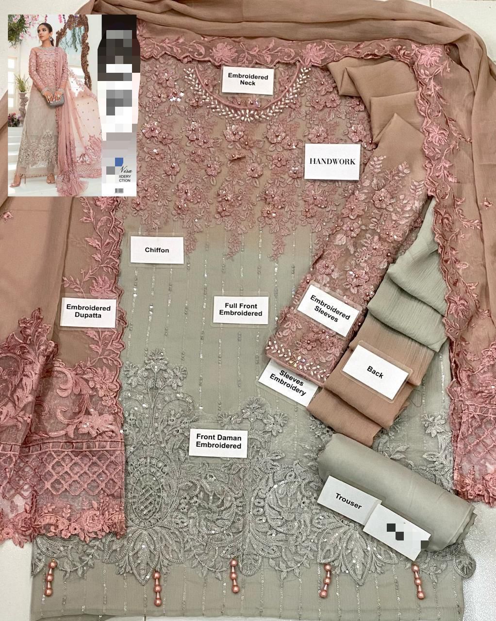 Wedding Edition &amp; Eid Collection MD 963 – Embroidered Chiffon Outfit with 3D Floral Handwork