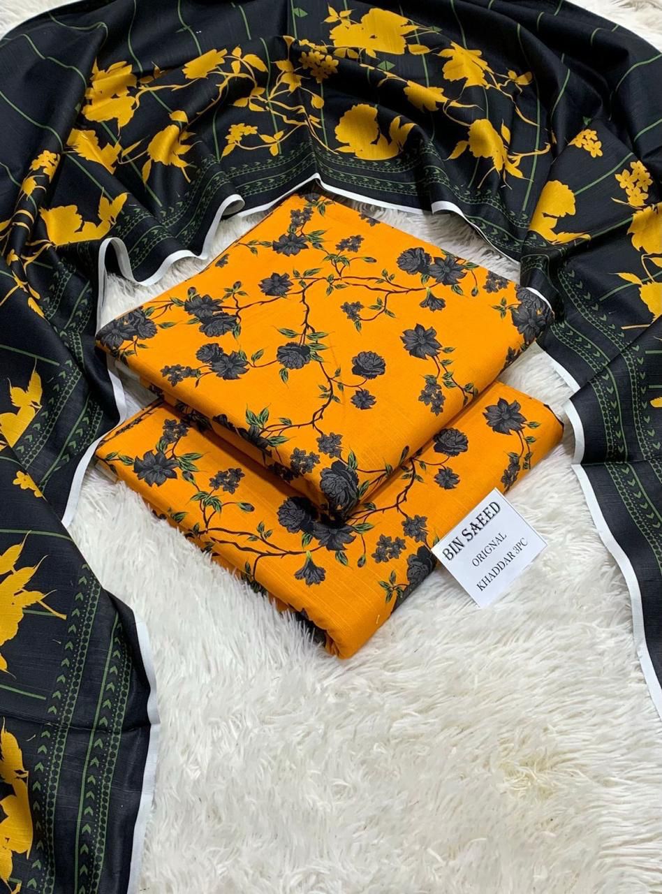 Unstitched 3 piece khaddar winter suit for women, printed shirt, trouser, and dupatta, available in 30 designs – premium quality Winter 2025 collection Pakistan.