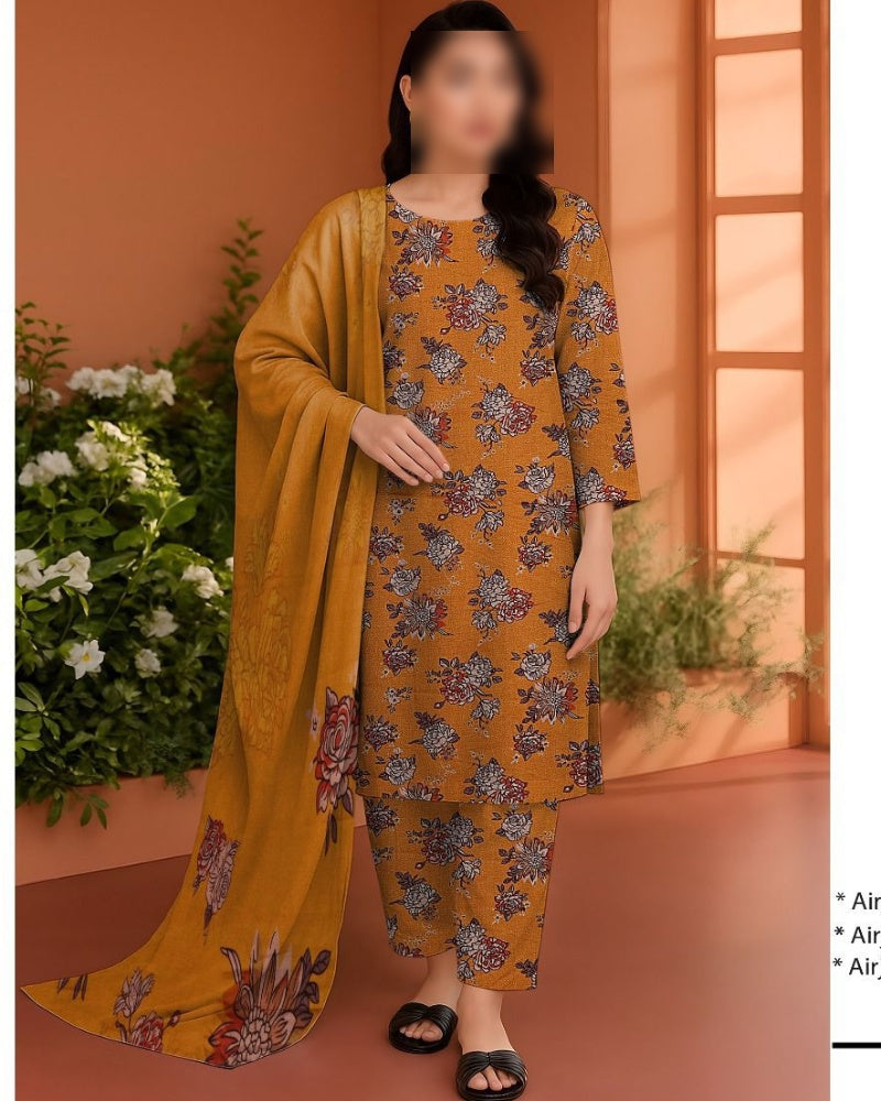 Unstitched 3 piece winter suit for women, premium airjet dhanak fabric with digital printed shirt, dupatta, and trouser in 10 elegant colors – Winter 2025 collection Pakistan.