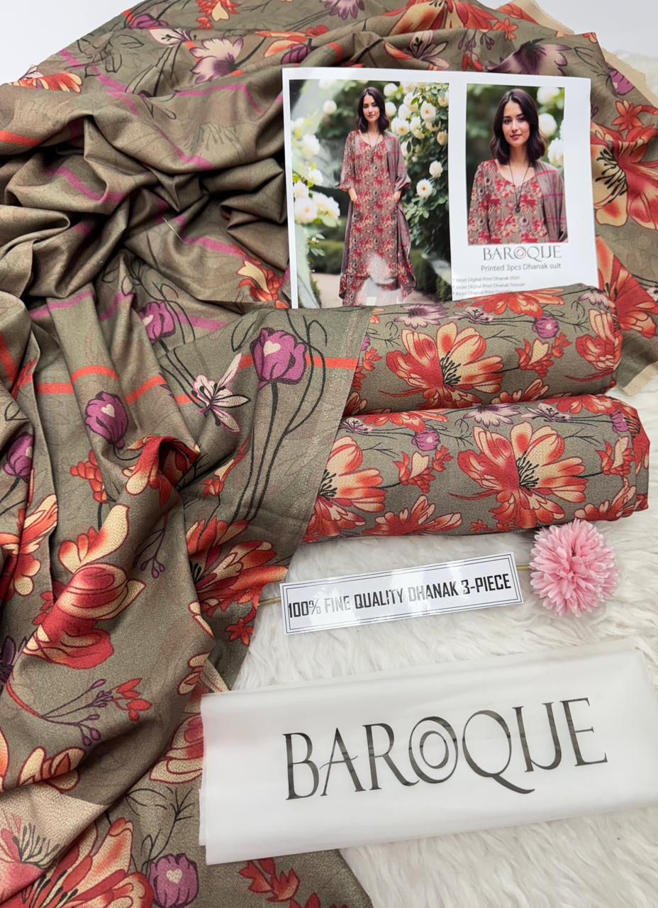 Unstitched 3 piece winter suit for women, premium airjet dhanak fabric with digital printed shirt, dupatta, and trouser in 10 elegant colors – Winter 2025 collection Pakistan.