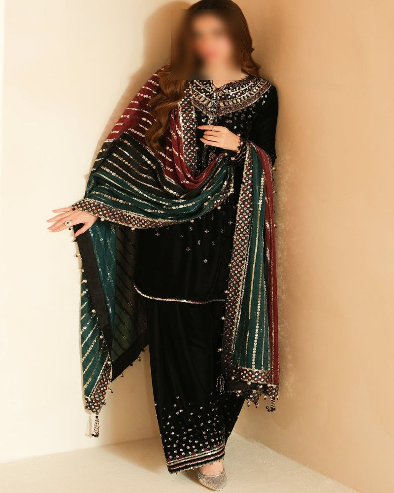 Unstitched velvet suit with organza dupatta and satin silk trouser - sequence embroidered