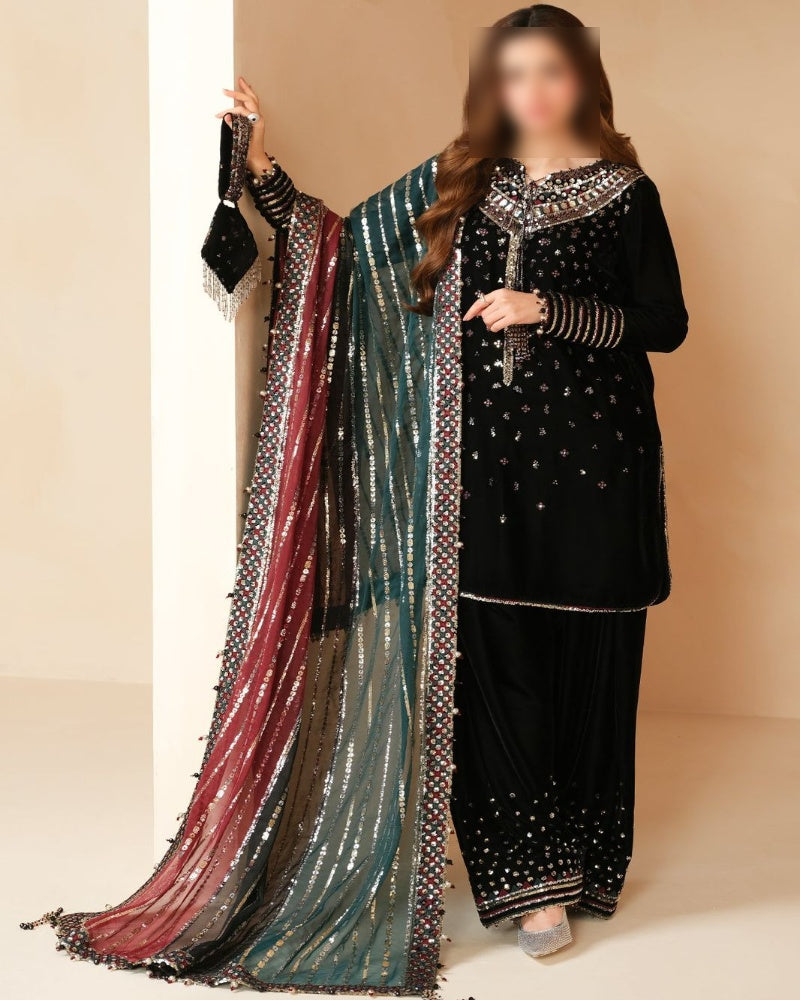Velvet Luxury Unstitched 3 Piece Suit with Elegant Sequence Work