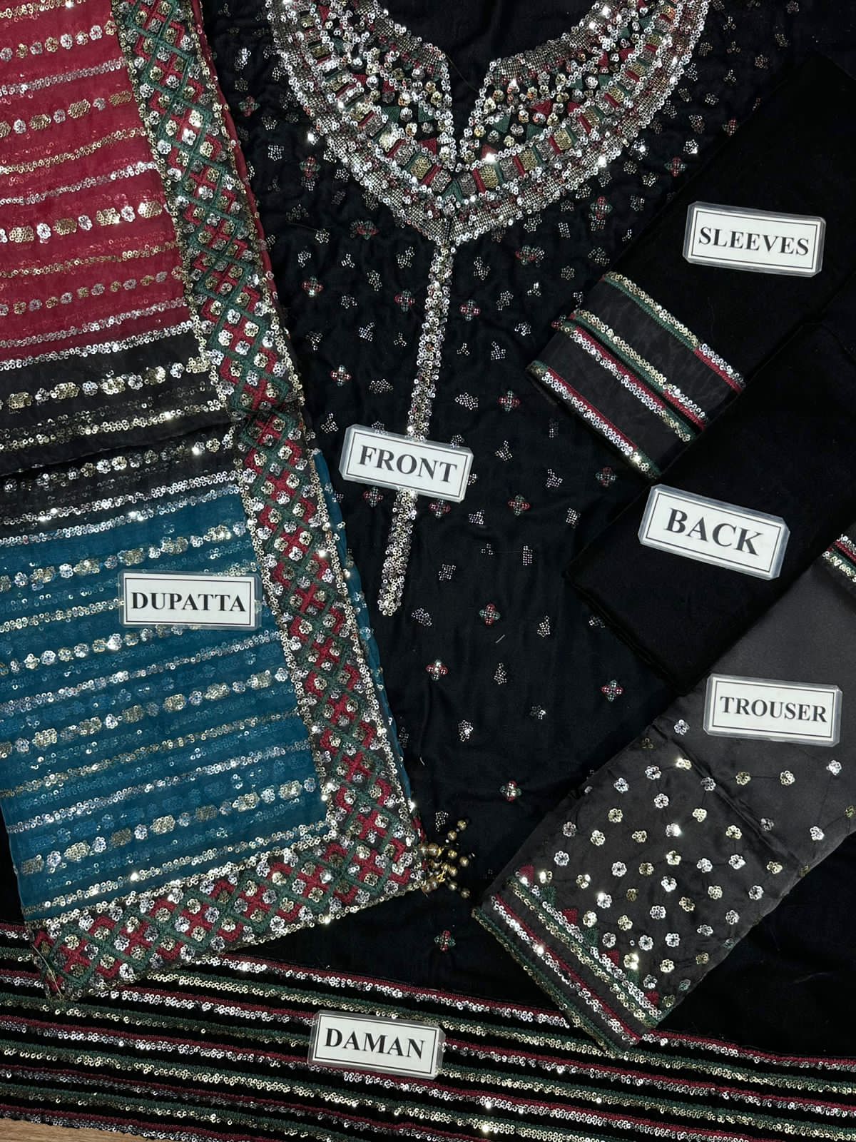 Unstitched velvet suit with organza dupatta and satin silk trouser - sequence embroidered