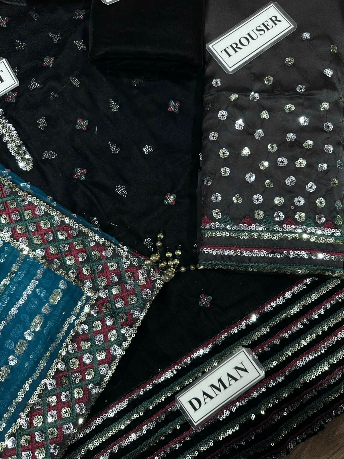 Unstitched velvet suit with organza dupatta and satin silk trouser - sequence embroidered