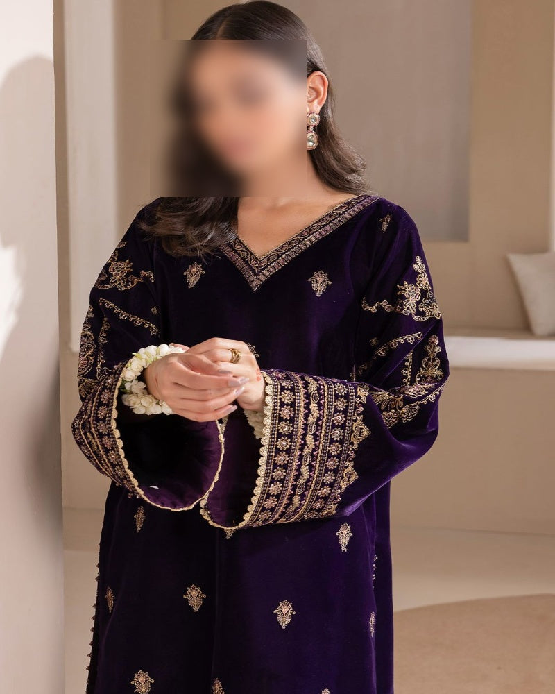 Premium unstitched purple velvet suit with heavy embroidered neckline, full embroidered front, organza dupatta with 4-side lace, and satin silk embroidered trouser – buyfromdanish.com