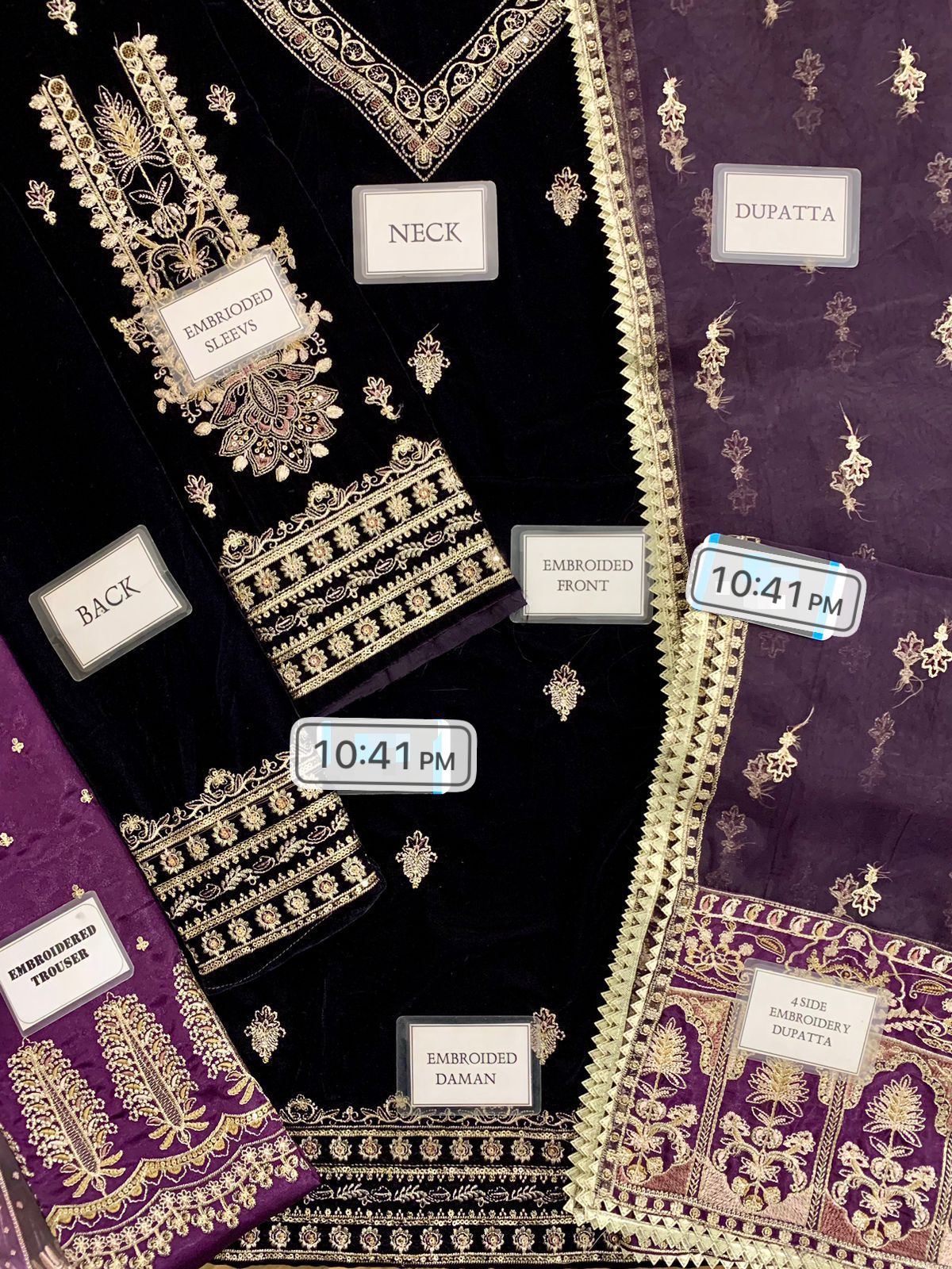 Premium unstitched purple velvet suit with heavy embroidered neckline, full embroidered front, organza dupatta with 4-side lace, and satin silk embroidered trouser – buyfromdanish.com