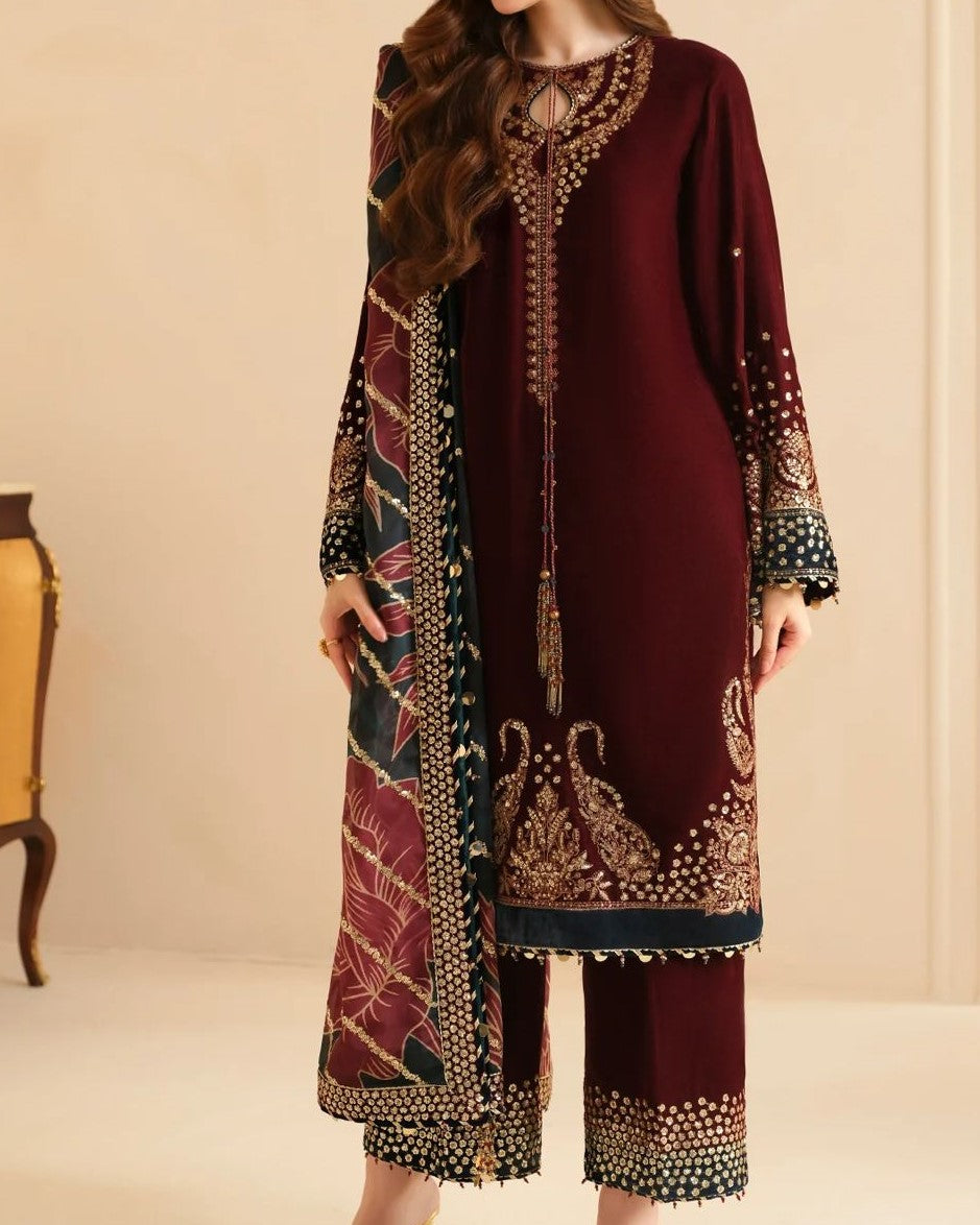 Velvet luxury collection 2025 heavy embroidered 3Pc suit with organza dupatta