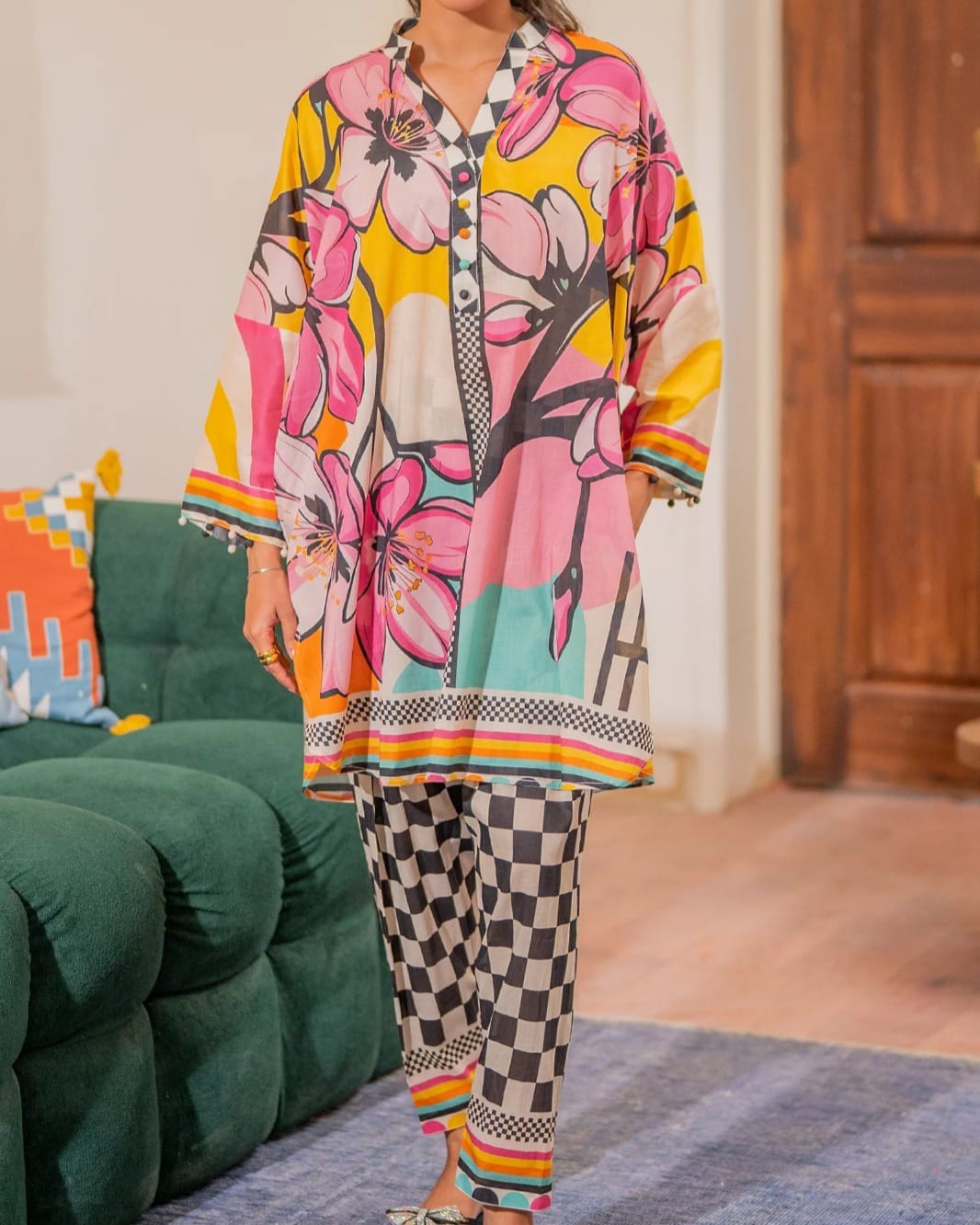Women’s stitched 2 piece printed shirt and trouser, premium grip fabric summer wear outfit for ladies in Pakistan.