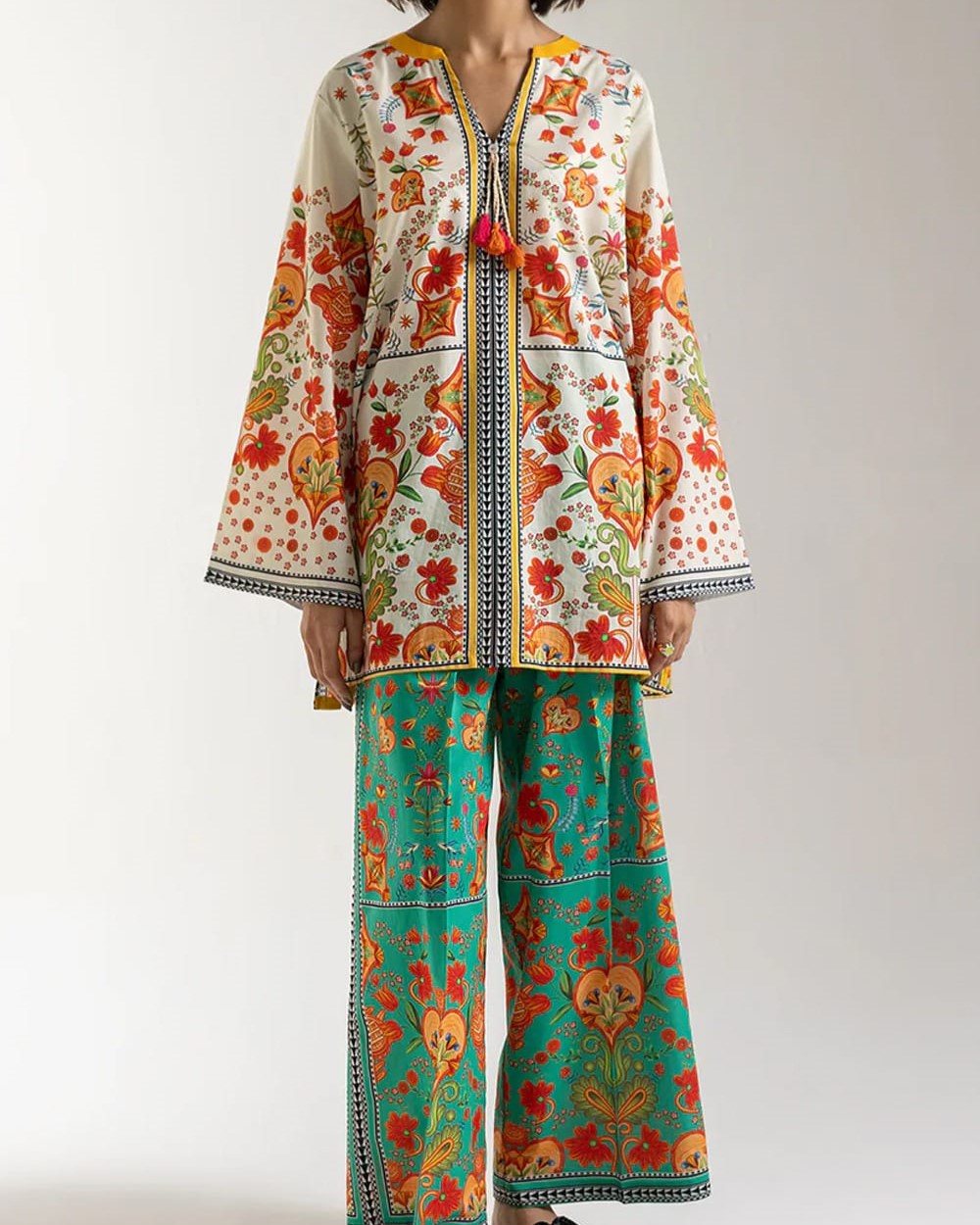 Women’s stitched 2 piece printed shirt and trouser in premium grip fabric, stylish summer outfit for ladies in Pakistan.