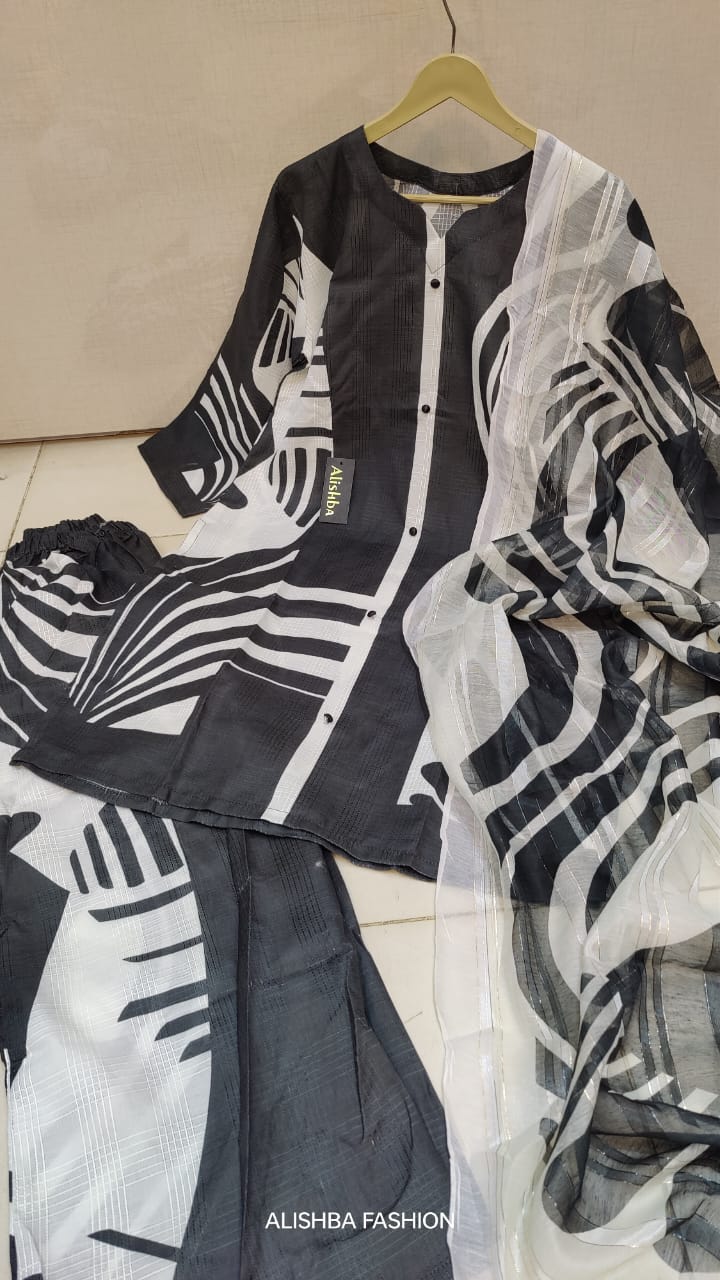 Women’s 3 piece mid-summer cotton lawn suit with digital print work, stitched shirt, trouser, and fancy dupatta – summer collection outfit in Pakistan.