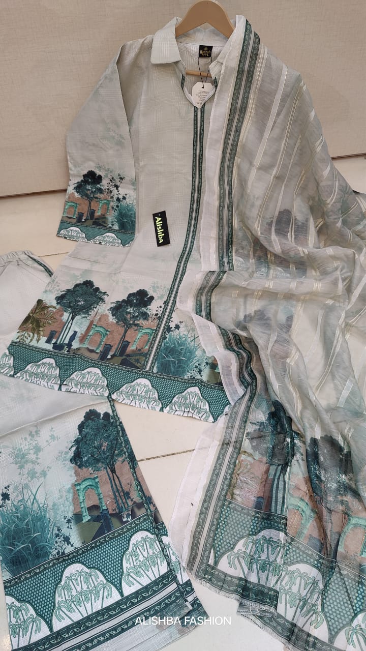 Women’s 3 piece mid-summer cotton lawn suit with digital print work, stitched shirt, trouser, and fancy dupatta – summer collection outfit in Pakistan.