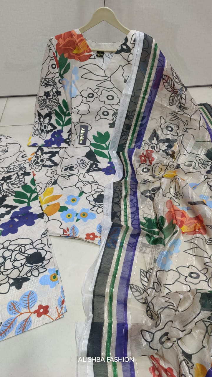 Women’s 3 piece mid-summer cotton lawn suit with digital print work, stitched shirt, trouser, and fancy dupatta – summer collection outfit in Pakistan.