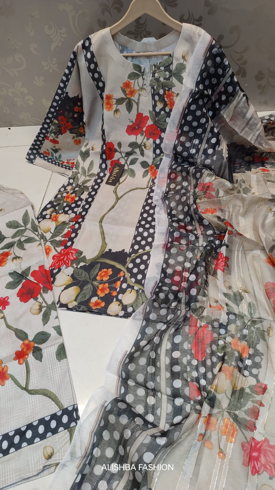 Women’s 3 piece mid-summer cotton lawn suit with digital print work, stitched shirt, trouser, and fancy dupatta – summer collection outfit in Pakistan.