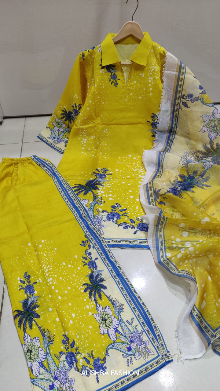 Women’s 3 piece mid-summer cotton lawn suit with digital print work, stitched shirt, trouser, and fancy dupatta – summer collection outfit in Pakistan.