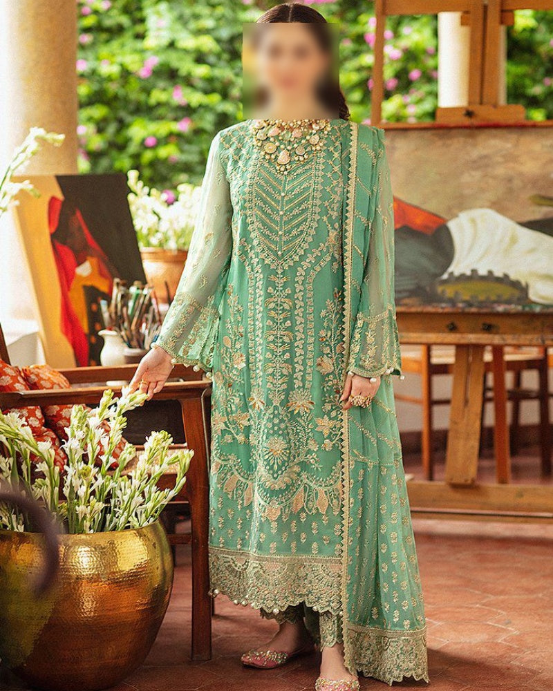 Luxury chiffon wedding suit with heavy embroidered sequin work front and tassels
