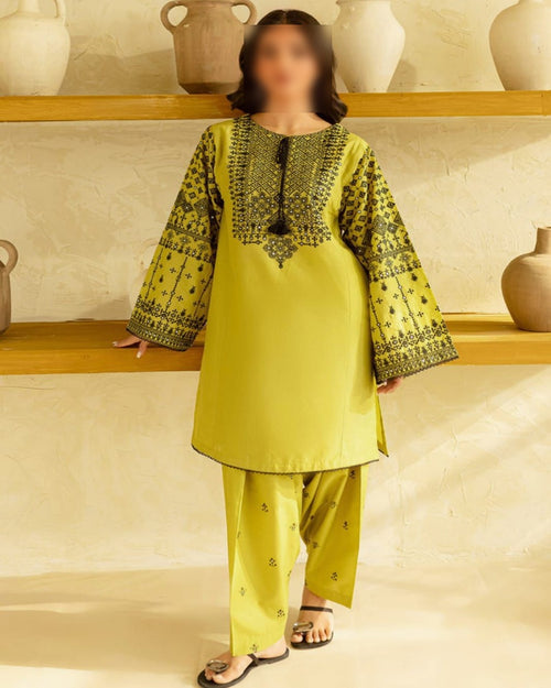 Unstitched 2-piece Dhank suit with embroidered neck patch