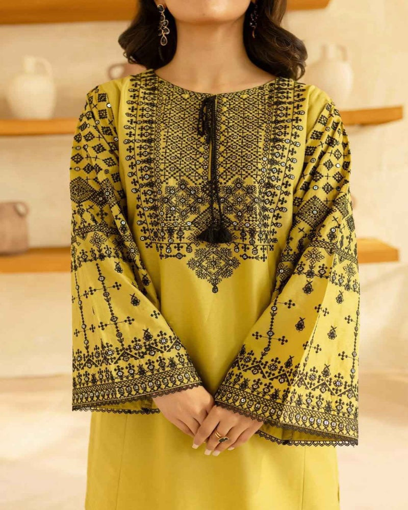 2-Piece Unstitched Dhank Suit with Embroidered Neck & Trouser