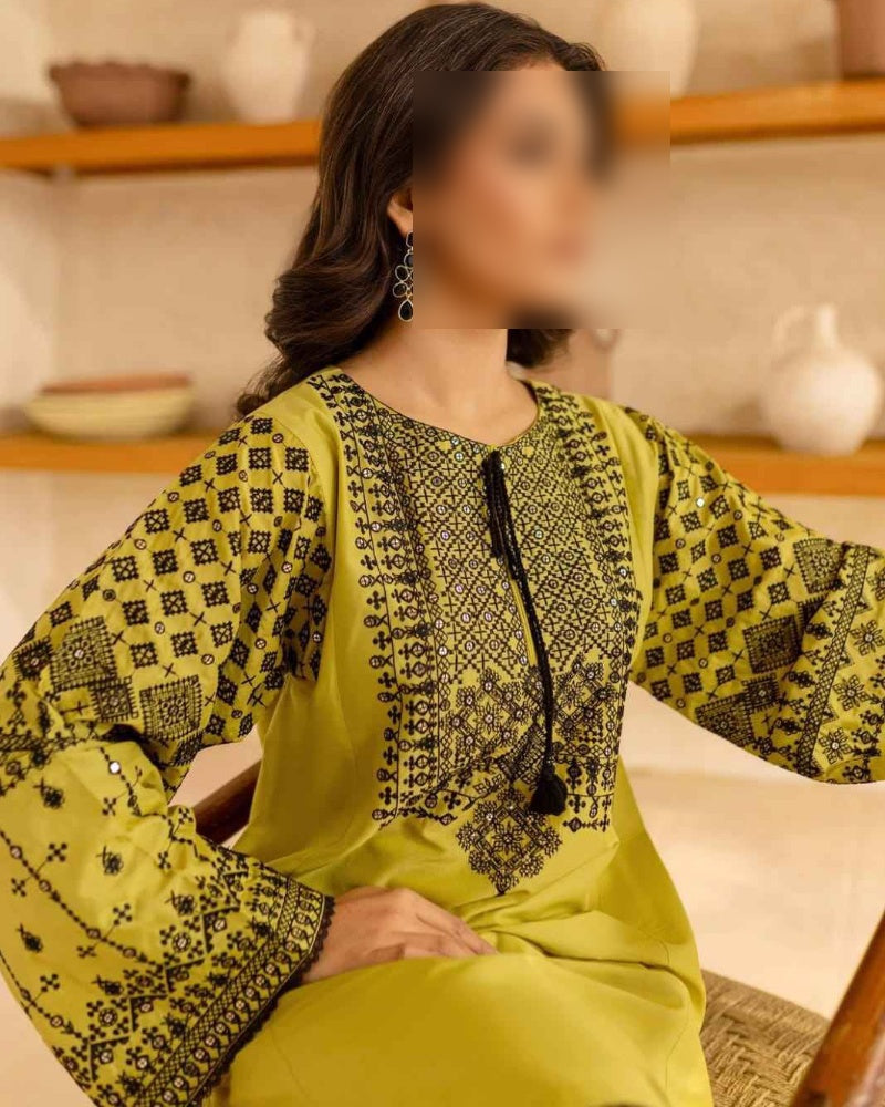 2-Piece Unstitched Dhank Suit with Embroidered Neck & Trouser
