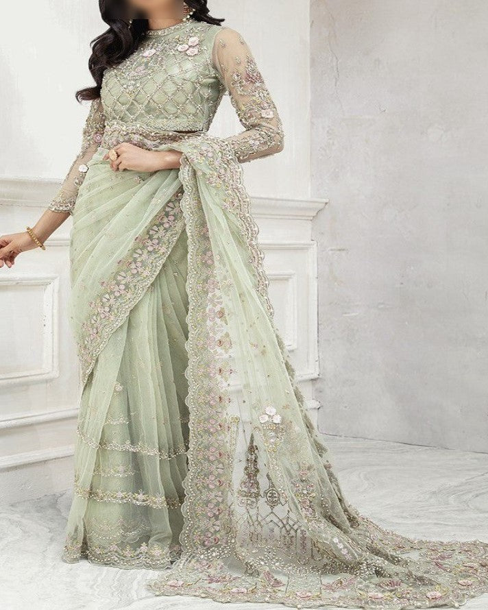 Luxury net embroidered saree Pakistan, sequin embroidered saree with satin silk trouser, Pakistani saree for weddings 2025, heavy embroidered net saree with pallu, party wear embroidered saree