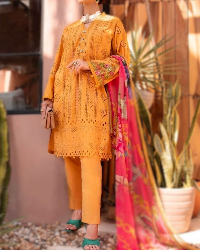 Soft Cotton Chicken Kari Suit with Embroidered Details & Digital Silk Dupatta