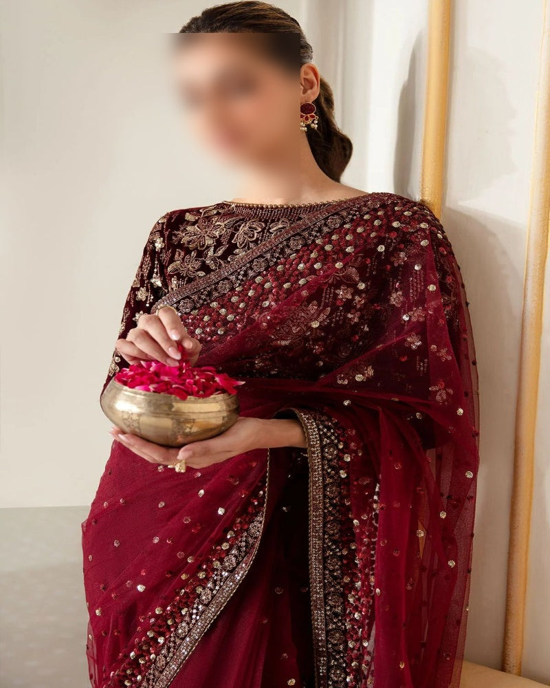 Luxury Velvet & Net Saree with Satin Silk Trouser – Unstitched